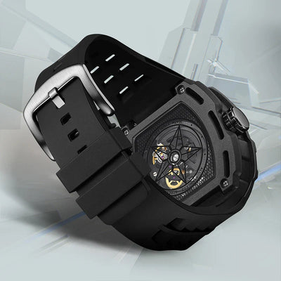 Mark Fairwhale Herren Uhr mit Mechanischem Movement, Skelett-Design, Wasserdicht, Gummiarmband, Tonneau-Form