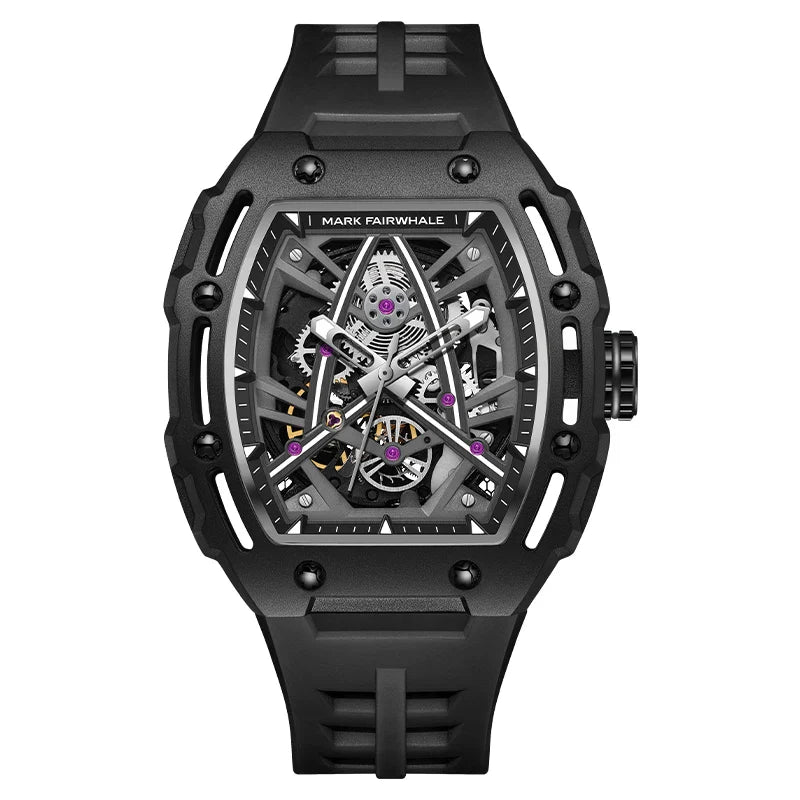 Mark Fairwhale Herren Uhr mit Mechanischem Movement, Skelett-Design, Wasserdicht, Gummiarmband, Tonneau-Form
