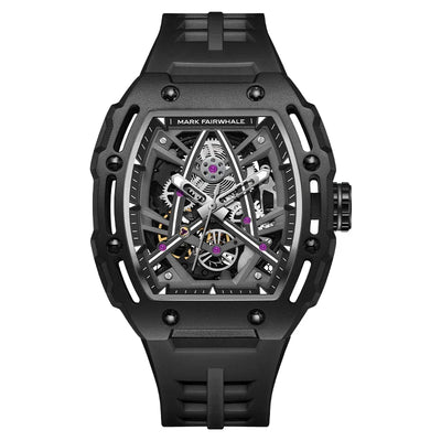 Mark Fairwhale Herren Uhr mit Mechanischem Movement, Skelett-Design, Wasserdicht, Gummiarmband, Tonneau-Form