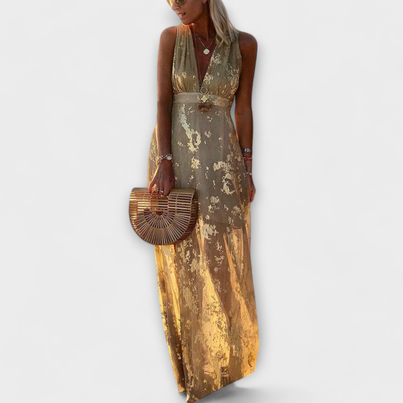 Elegantes Damen Kleid mit V-Ausschnitt, Pailletten-Details und Luftigem Stoff für Warme Tage