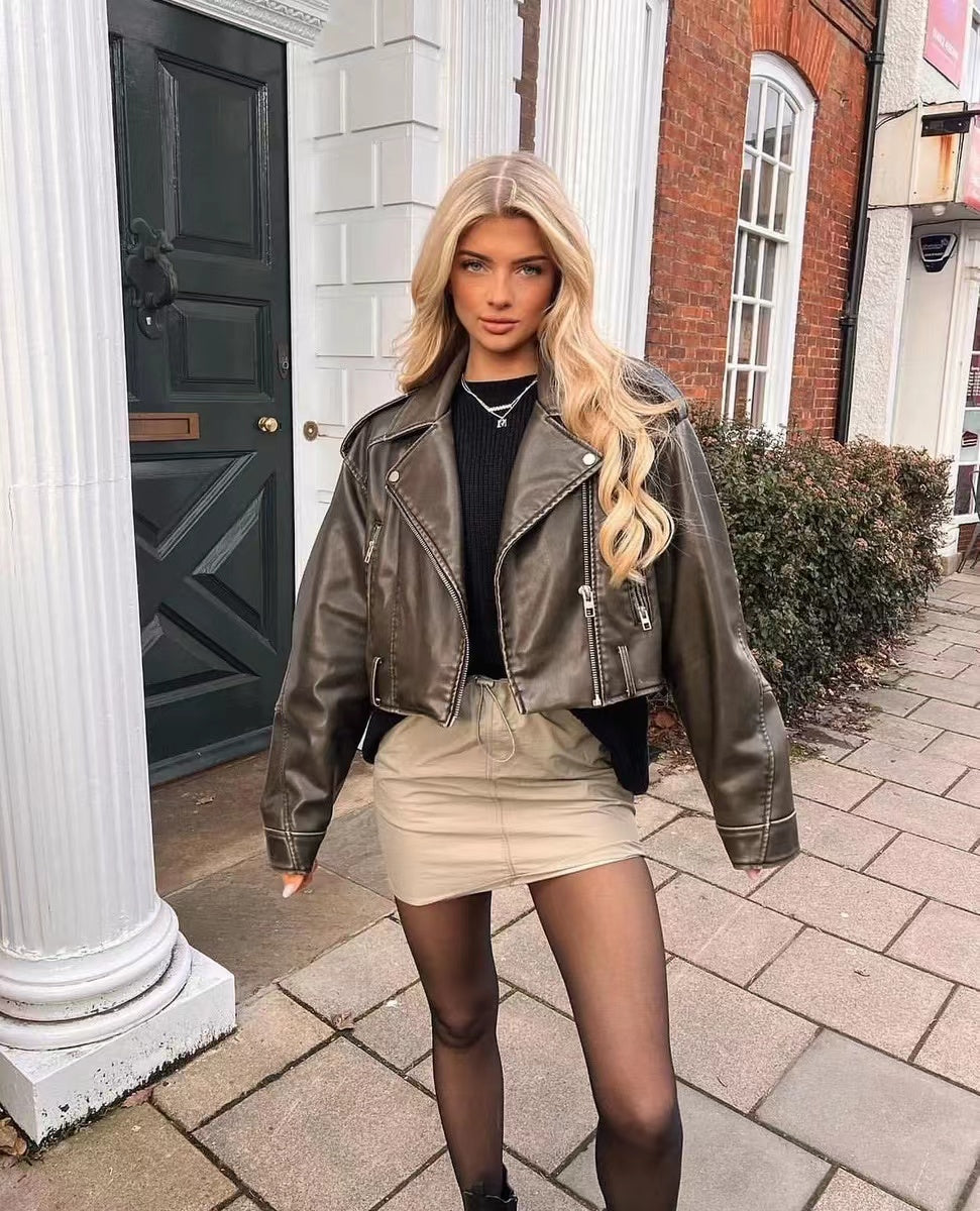 Klassische Cropped Biker Lederjacke