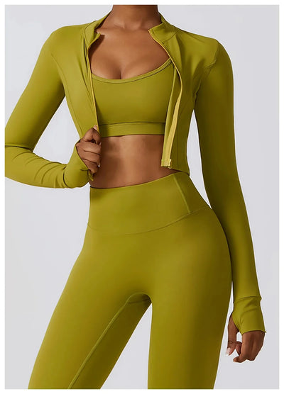 Nahtlose Fitness-Leggings Mit Crop Top Mit Langen Ärmeln & Yoga-BH Für Aktive Frauen