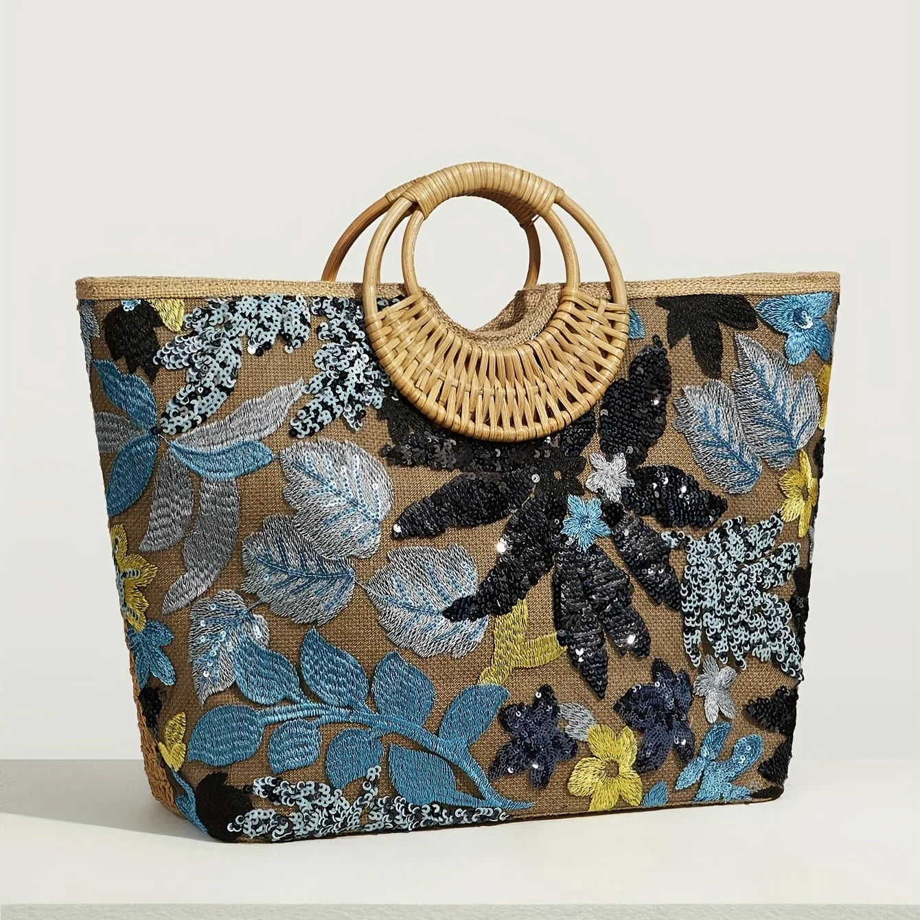 Damen Abendtasche Mit Glänzenden Paillettenblumen, Woven Große Kapazität Strandtasche Für Reisen