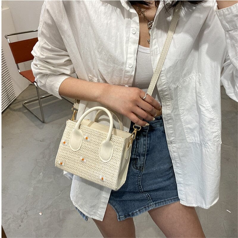 Strohtasche fur Damen – Geflochtene Handtasche mit Blumenakzenten