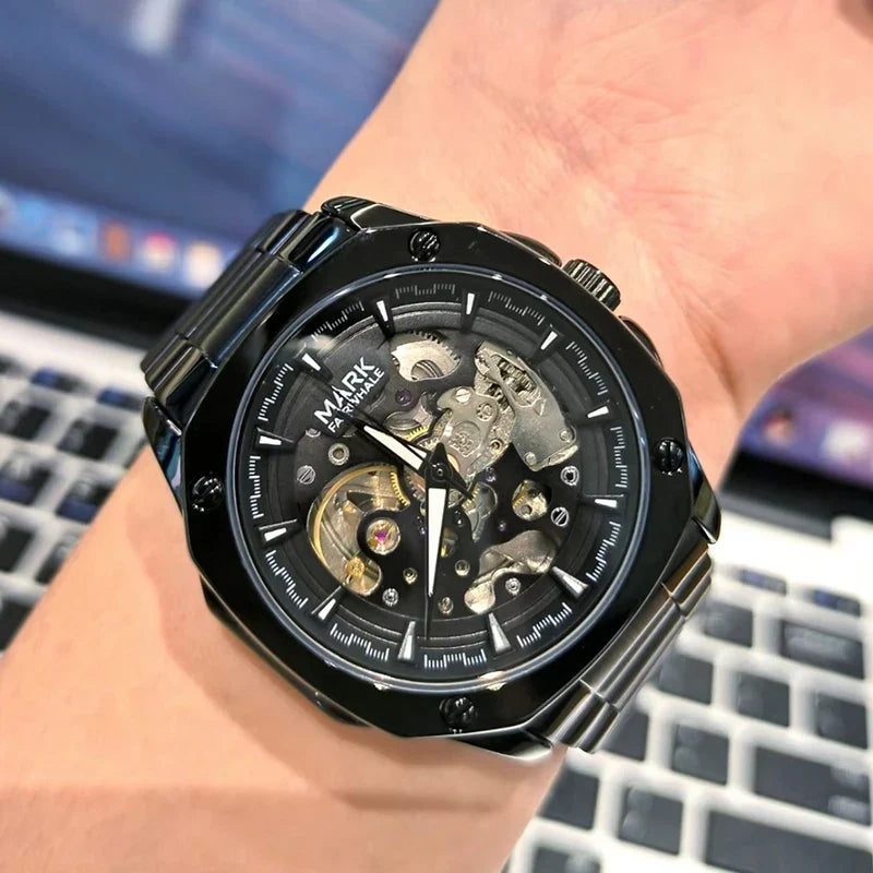 Mark Fairwhale Automatik Uhr für Herren, Edelstahl, Lumineszente Skeleton, Wasserdicht, Businessstyle