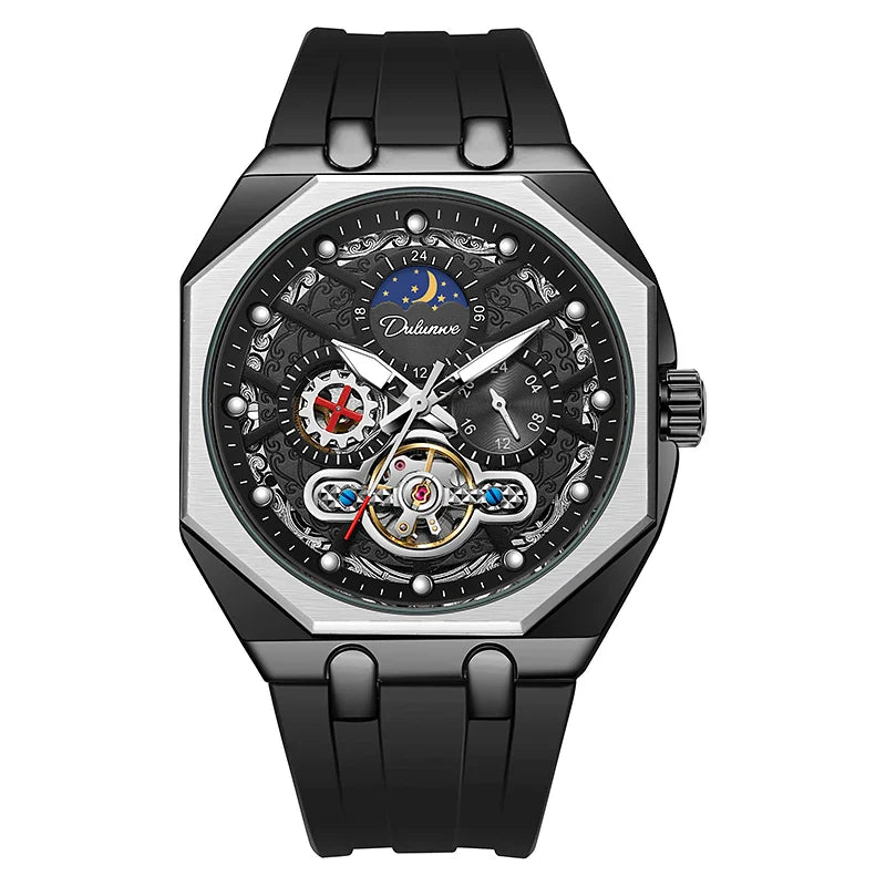 DULUNWE Luxus Automatische Herrenuhr Mit Tourbillon, Transparent, Mechanisch, Luminous, Wasserdicht