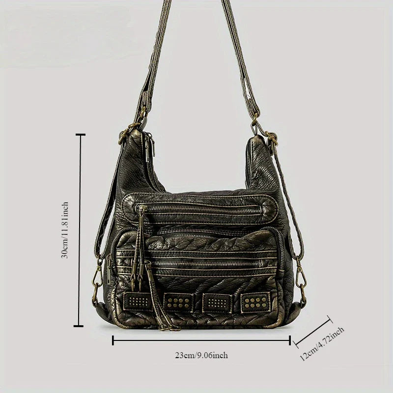 Damen Retro Rivet Tote Tasche aus Gewaschenem Leder, Großes Fassungsvermögen, Multifunktionale Schulter- und Crossbody-Tasche