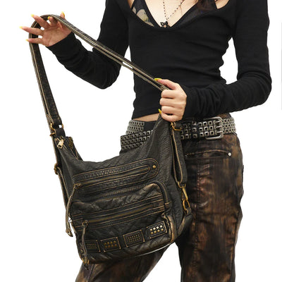 Damen Retro Rivet Tote Tasche aus Gewaschenem Leder, Großes Fassungsvermögen, Multifunktionale Schulter- und Crossbody-Tasche