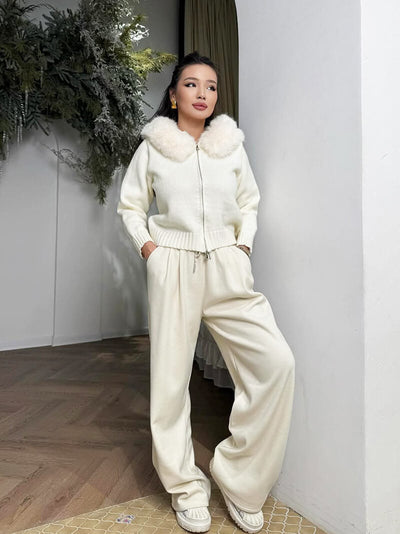 Damen Strickjacke Grau mit Kapuze und Kunstpelz – Warme Winterjacke