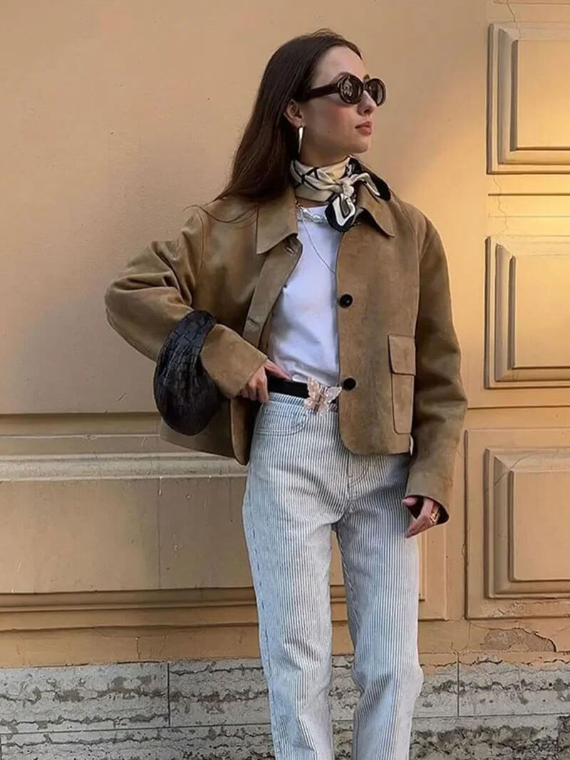 Damen Wildlederjacke – Klassische Kurzjacke mit Taschen