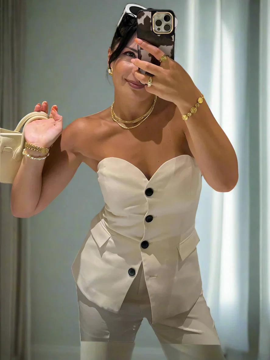 Elegantes Schulterfreies Damen Hosenanzug Set Vintage