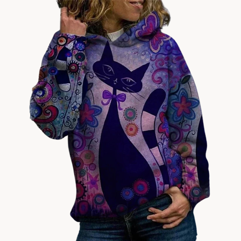 Astrid | Eleganter Katzenprint Damen-Kapuzenpullover