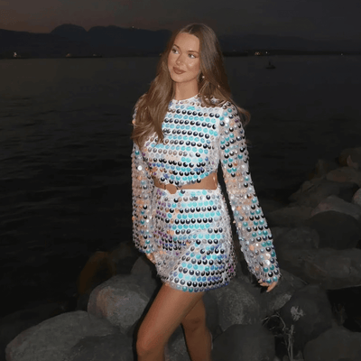 Beatrice | Ausgestellter Ärmel Glitzerndes Pailletten-Minikleid mit Cut-Out-Detail