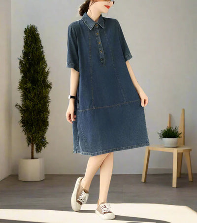 Lässiges Vintage Damen Jeanskleid Knielang Halber Arm