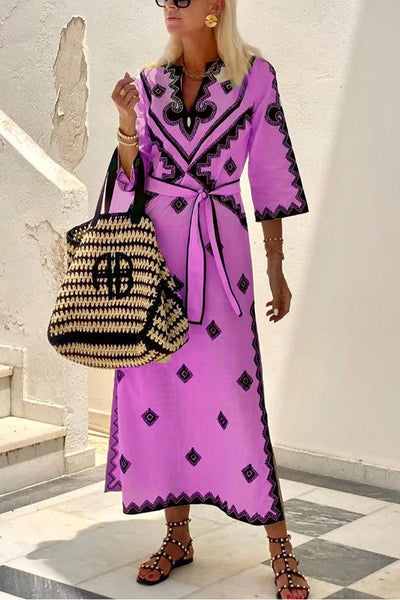 Chices Leinenkleid im Boheme-Stil mit Taillengürtel –Laura