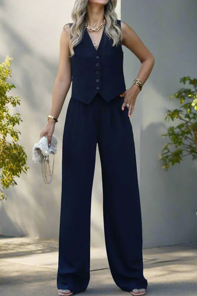 Elegantes Damen Hosenanzug Set mit V-Ausschnitt und weitem Bein