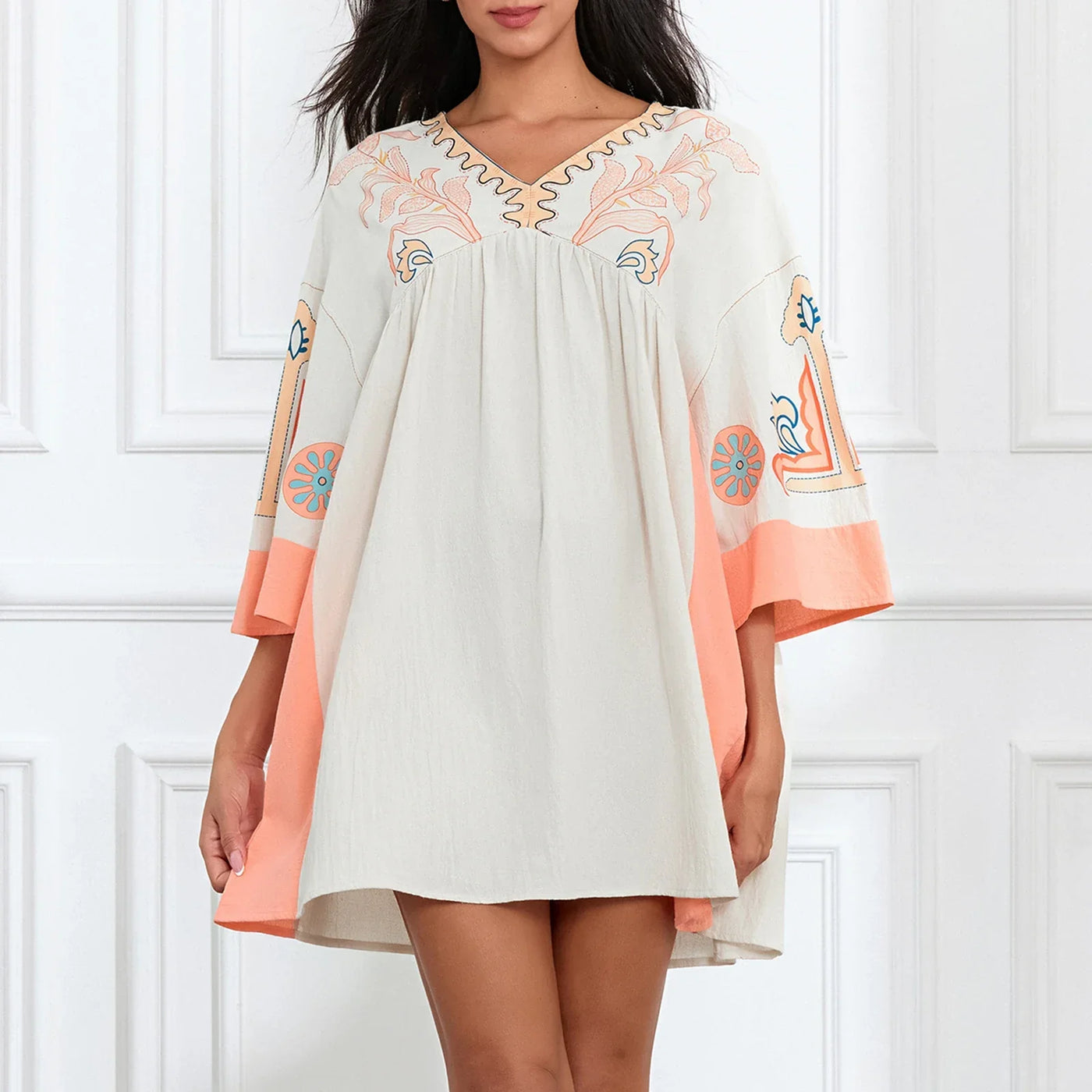 Lässiges Oversize Boho Damen Minikleid mit 3/4 Ärmeln