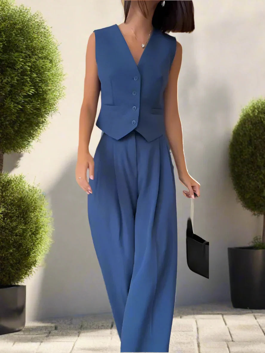 Elegantes Damen Hosenanzug Set mit V-Ausschnitt und weitem Bein