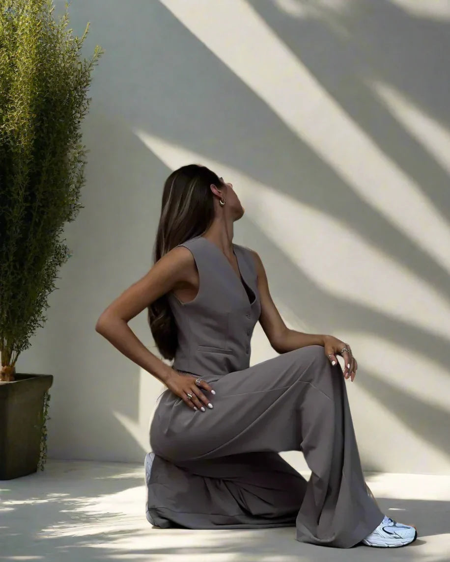 Elegantes Damen Hosenanzug Set mit V-Ausschnitt und weitem Bein