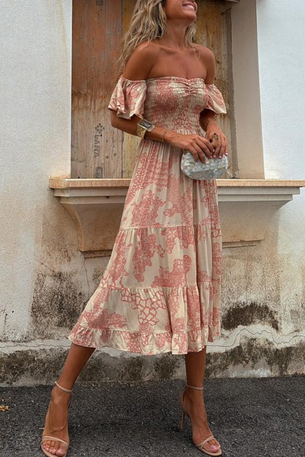 Midikleid mit Schulterausschnitten und romantischem Druck – Pitaya