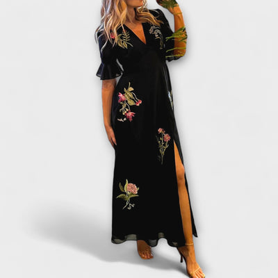 Beatrice - Elegantes Navy Blau Kleid mit Floralstickerei