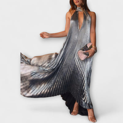 Calliope - Metallic Falten A-Linie Maxikleid