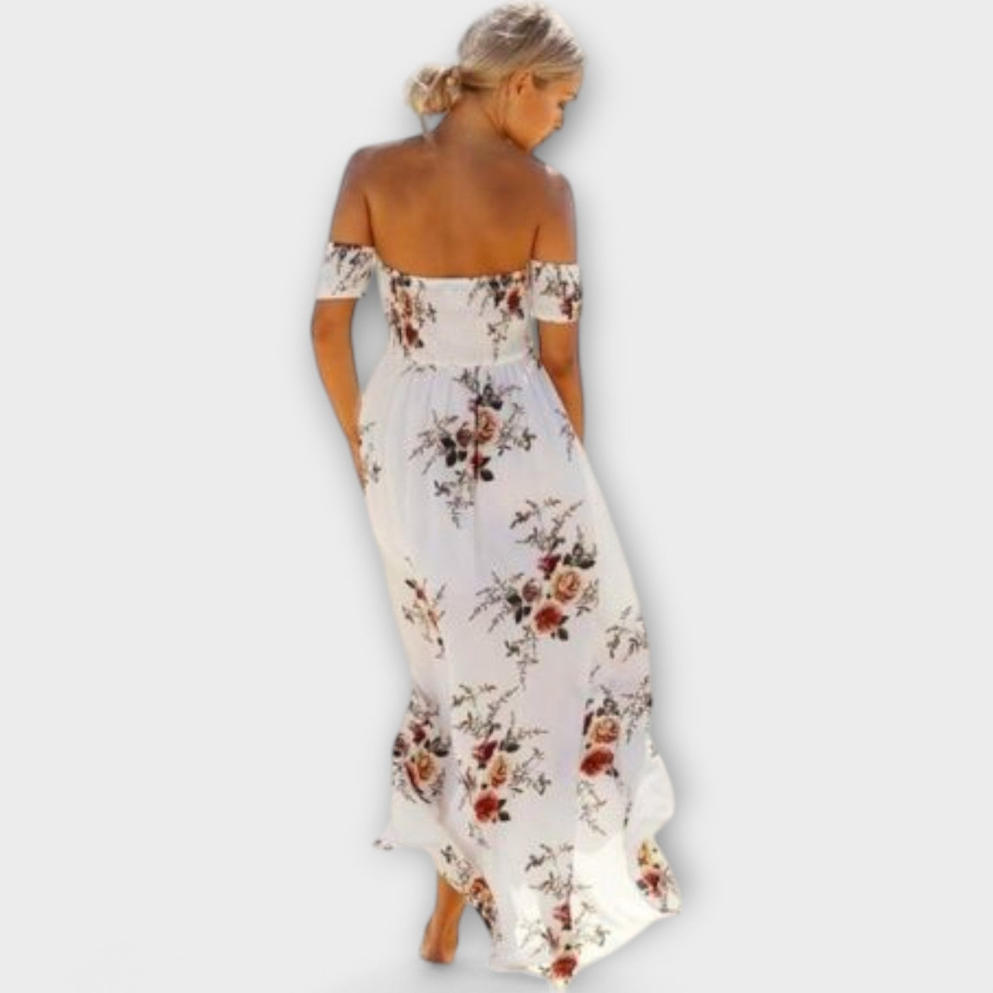 Selina Schulterfreies Boho Midi-Kleid für Damen mit Blumenmuster und Fließender Silhouette