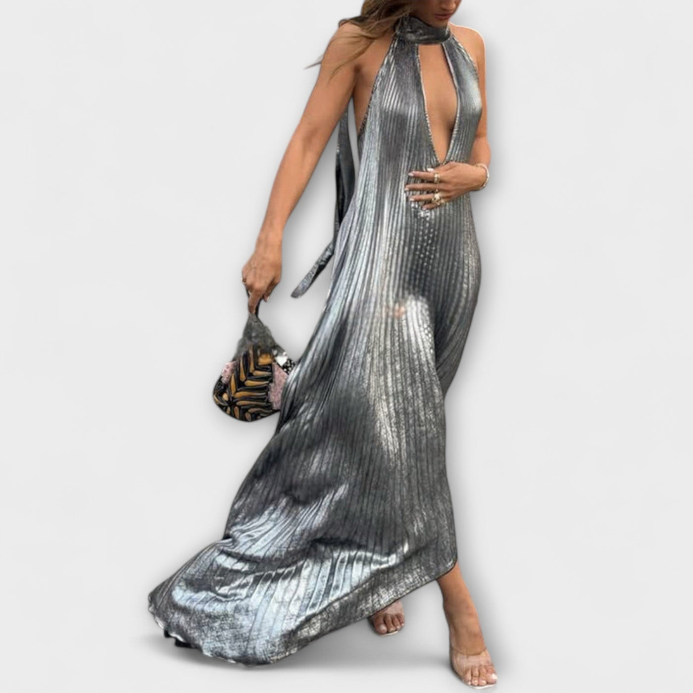 Calliope - Metallic Falten A-Linie Maxikleid