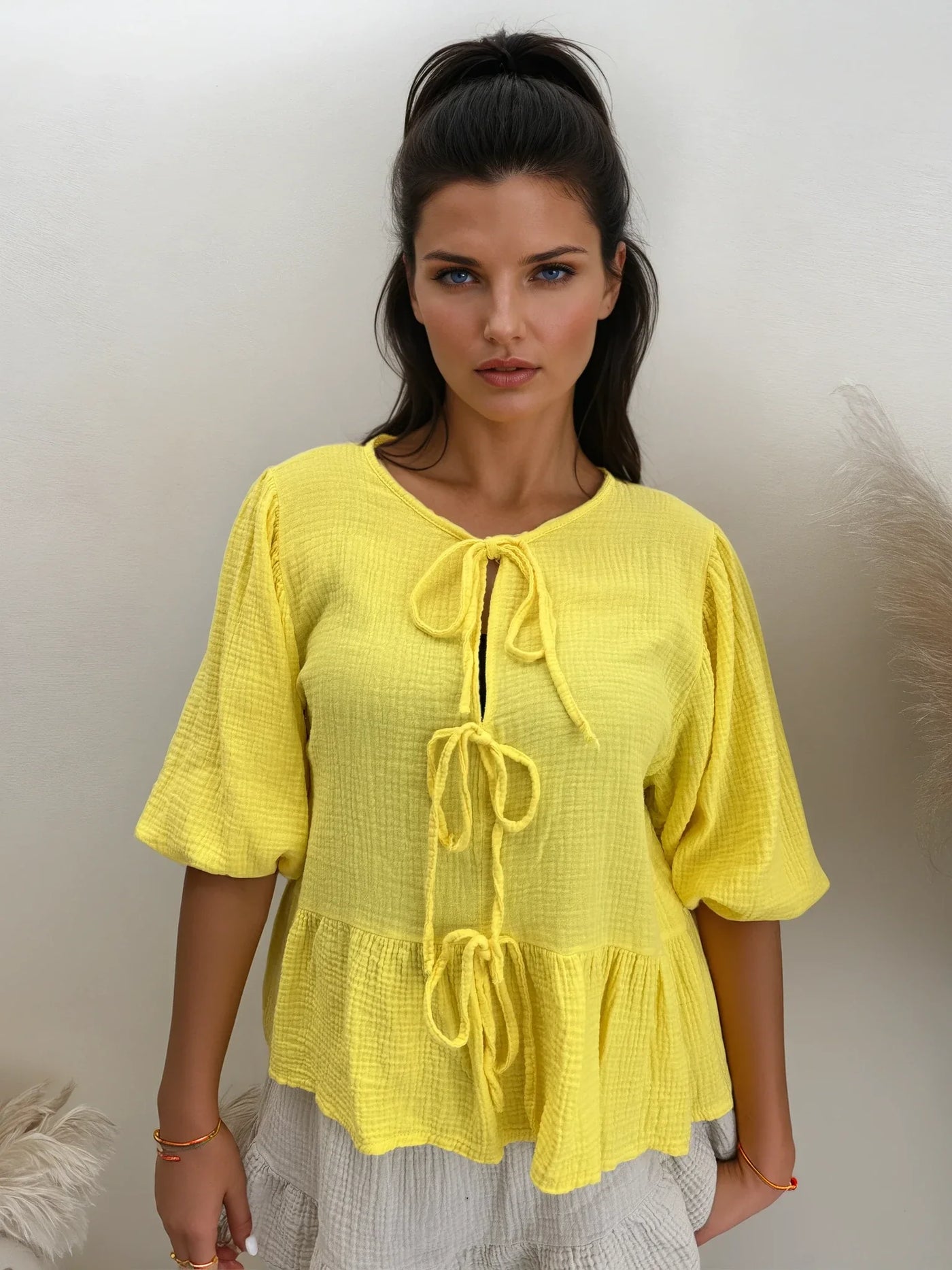 Musselin Schleifen Bluse Ballonärmel