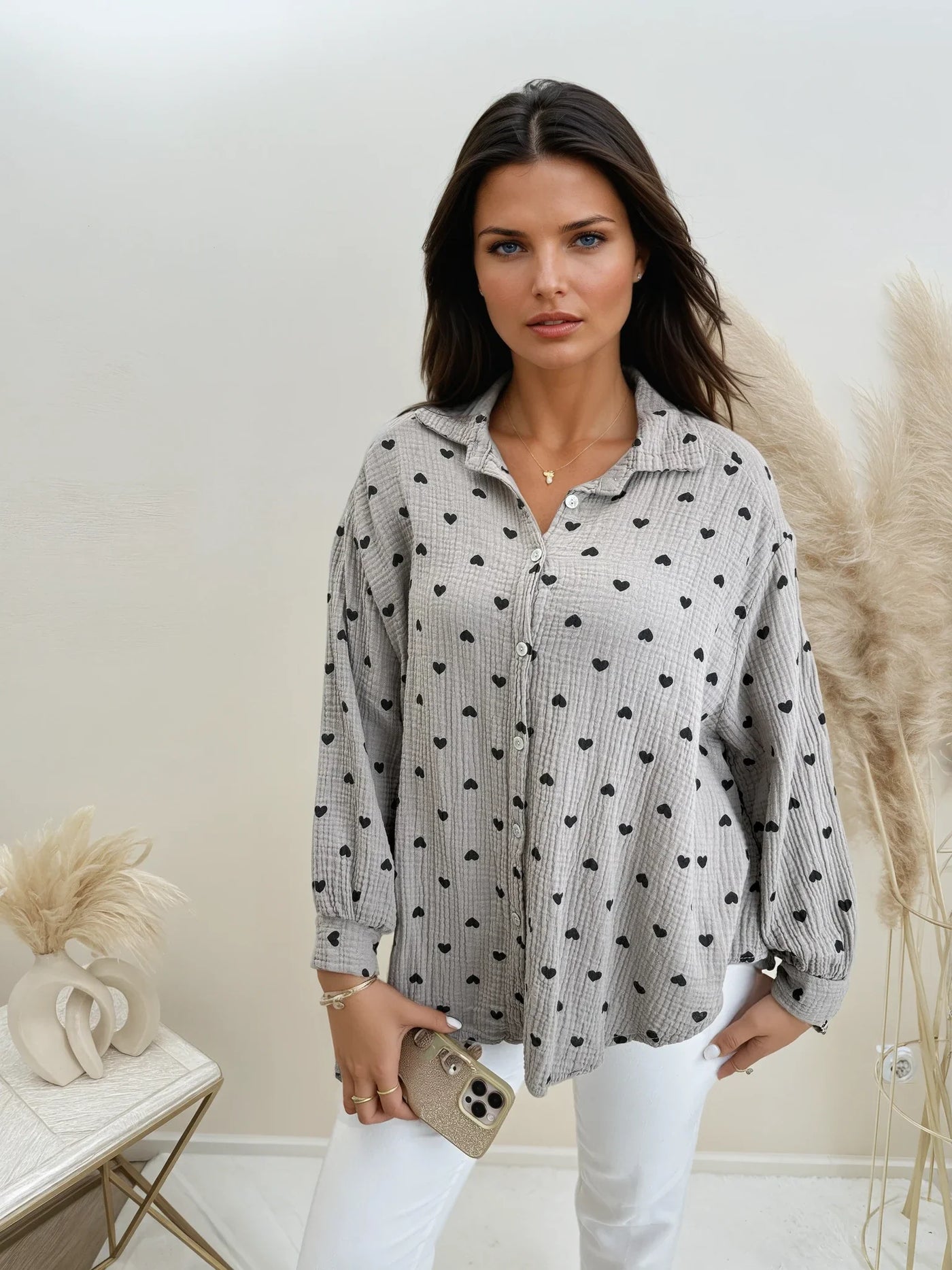 Musselin Bluse mit Herzen Print