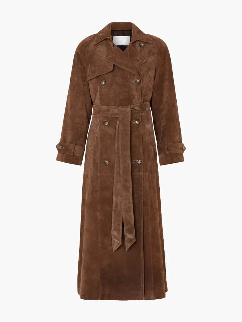Damen brauner Trenchcoat mit Gürtel und Revers