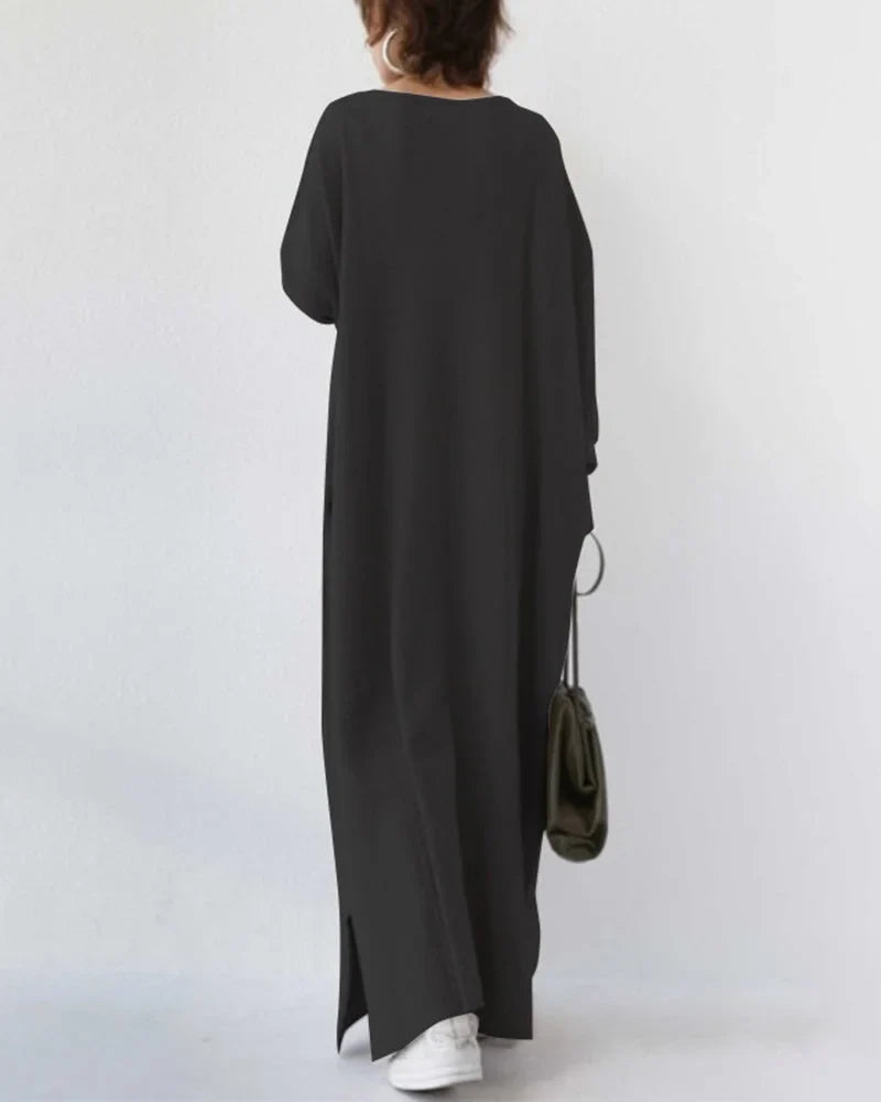 Damen Maxikleid mit V-Ausschnitt und langen Ärmeln