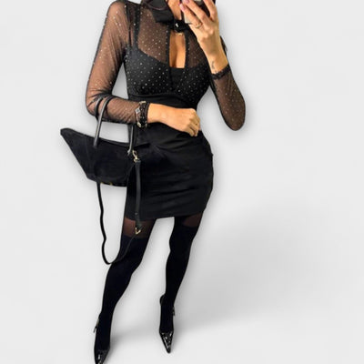 Stevie - Minikleid mit Netz-Glitzer-Ausschnitt und Stretch-Stoff