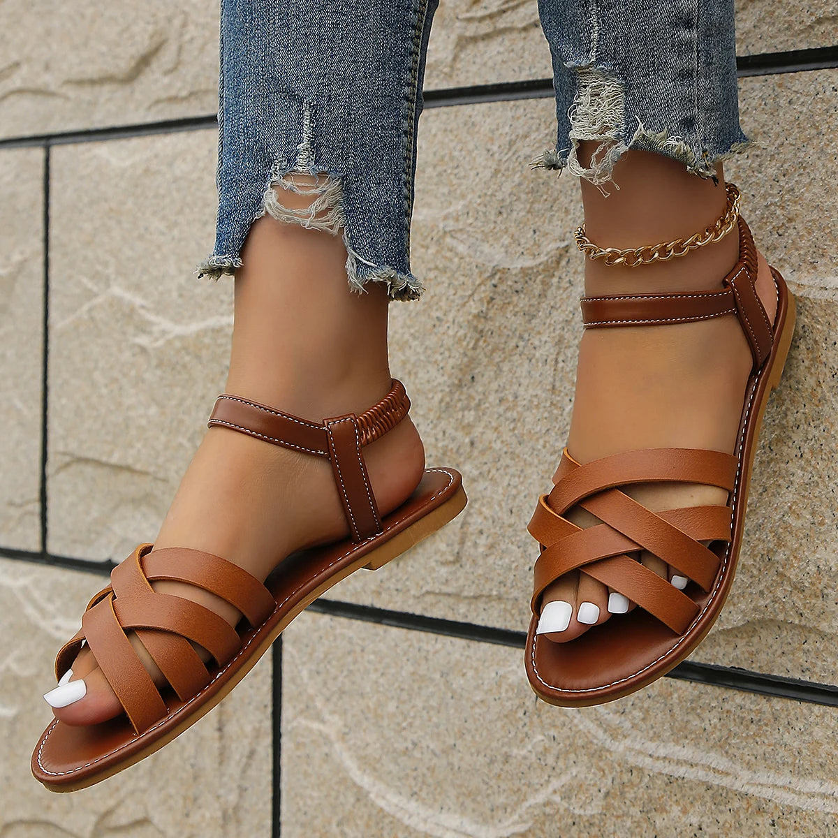 Damen Römische Sandalen Aus Echtem Leder – Elegante Slip-Ons Für Komfort Und Stil