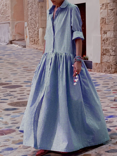 Leichtes kariertes Baumwoll-Leinen Hemdkleid mit Langarm - Julia