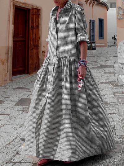Leichtes kariertes Baumwoll-Leinen Hemdkleid mit Langarm - Julia