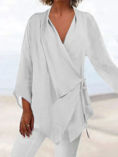 Baumwoll-Leinen Wickelbluse mit Schleife für Damen –Nina