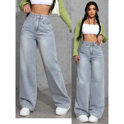 Damen Baggy Jeans mit Hohem Bund und Weitem Bein
