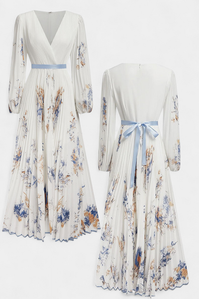 Phaedra Langes Plissiertes Chiffonkleid mit Puffärmeln