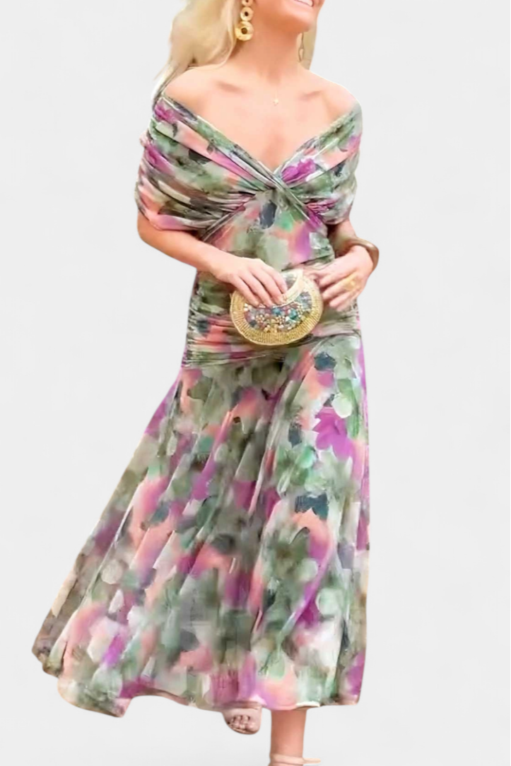 Alondra Maxikleid mit kreativem Blumenprint und V-Ausschnitt