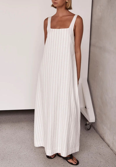 Chic gestreiftes Leinenkleid mit quadratischem Ausschnitt –Julia