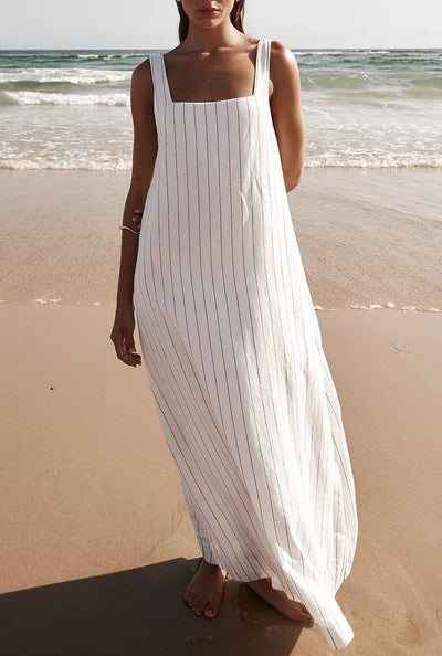 Chic gestreiftes Leinenkleid mit quadratischem Ausschnitt –Julia