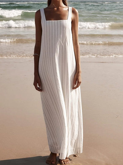 Chic gestreiftes Leinenkleid mit quadratischem Ausschnitt –Julia