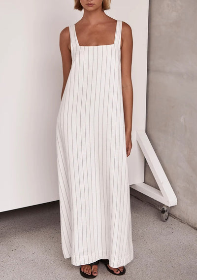 Chic gestreiftes Leinenkleid mit quadratischem Ausschnitt –Julia