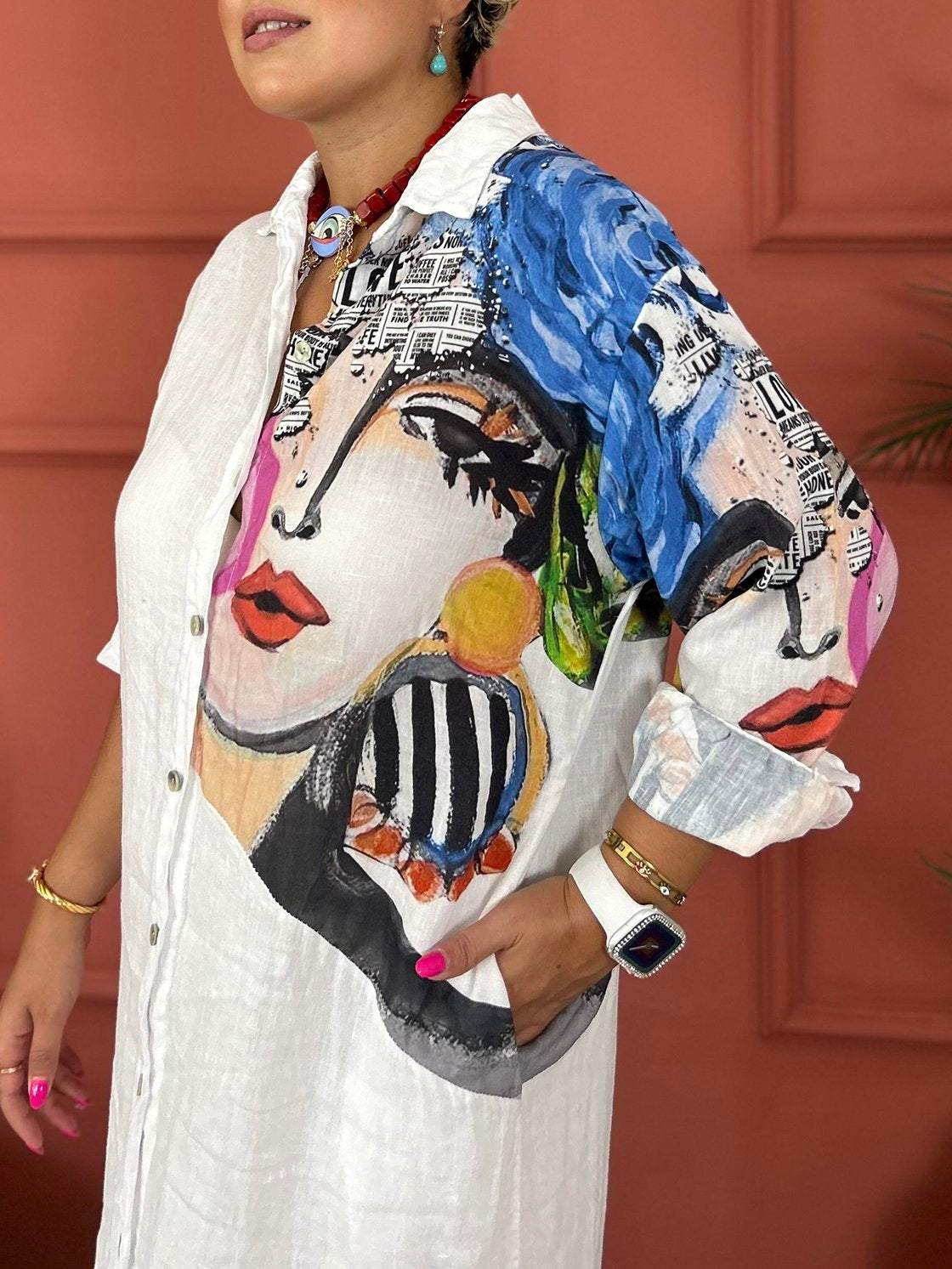 Langes Damenhemdkleid mit langen Ärmeln -  Emma