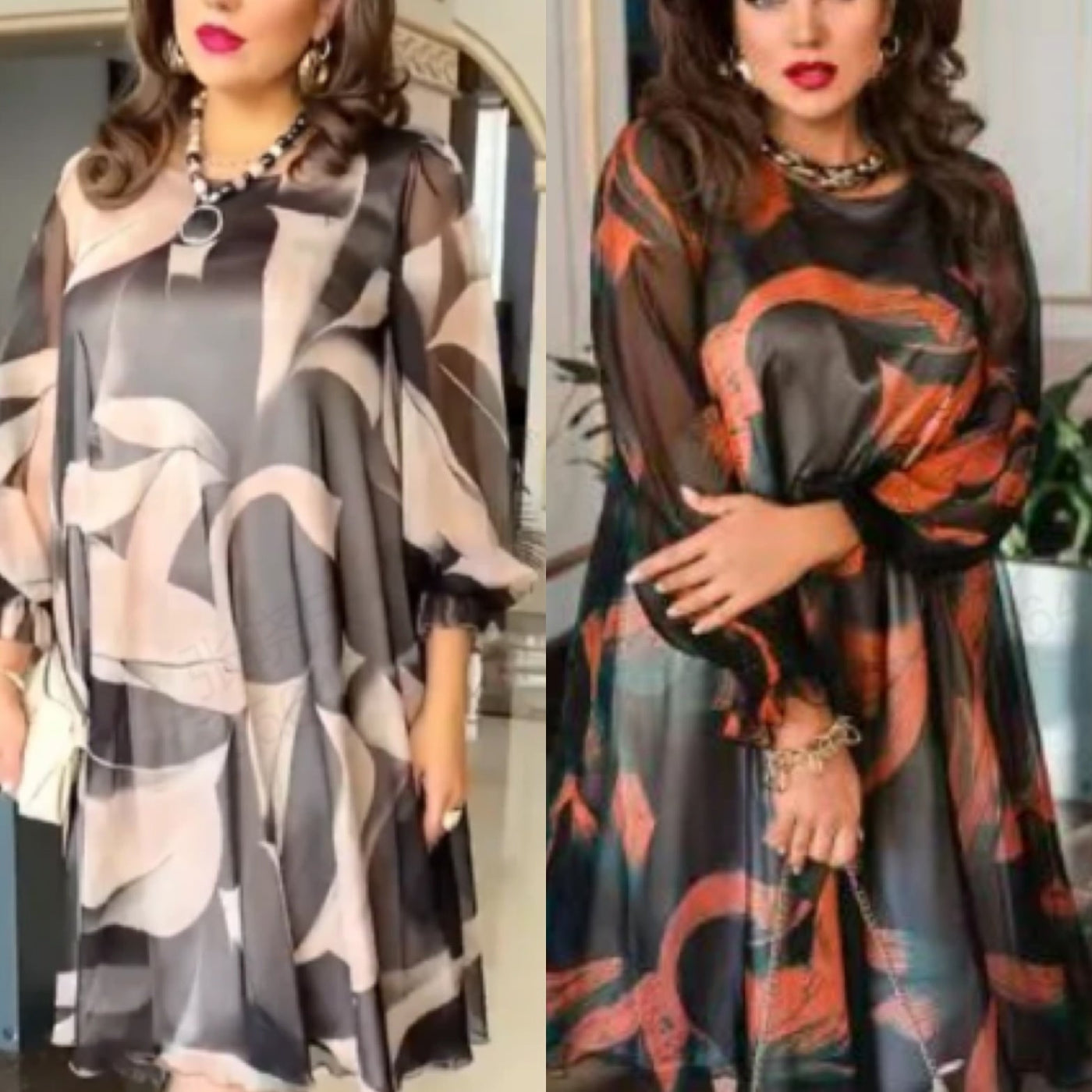 Tyra | Fließendes Kleid mit Rundhalsausschnitt, langen Ärmeln und Druck