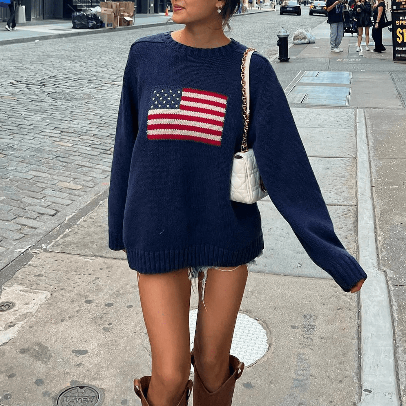 Noemi Gestrickter Pullover mit Amerikanischer Flagge