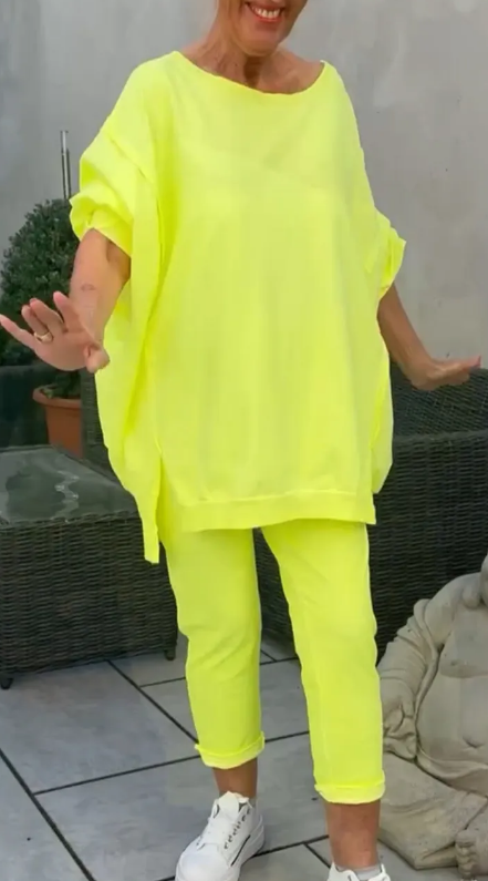 Brace | Runder Halsausschnitt Schlitz fluoreszierende Farbe Casual Anzug für Damen