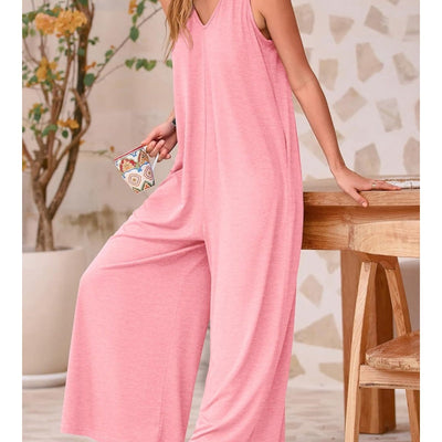 Heaven | Damen Casual V-Ausschnitt ärmellose Weitbein-Jumpsuit