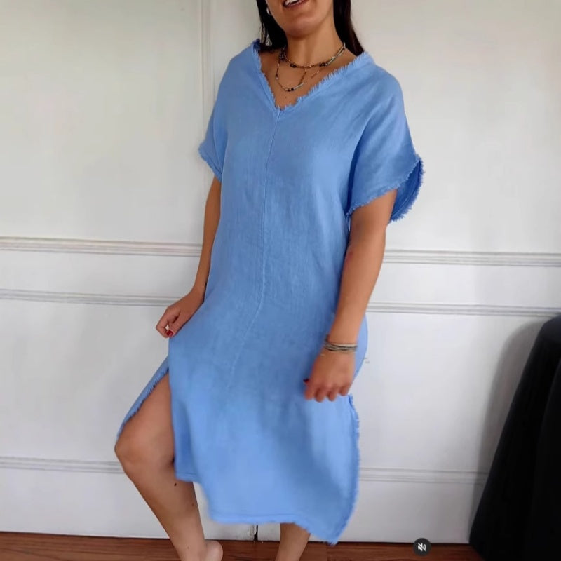 Raina | Frühlingsneuheit Gelegenheits-Baumwoll-Leinenkleid mit V-Ausschnitt